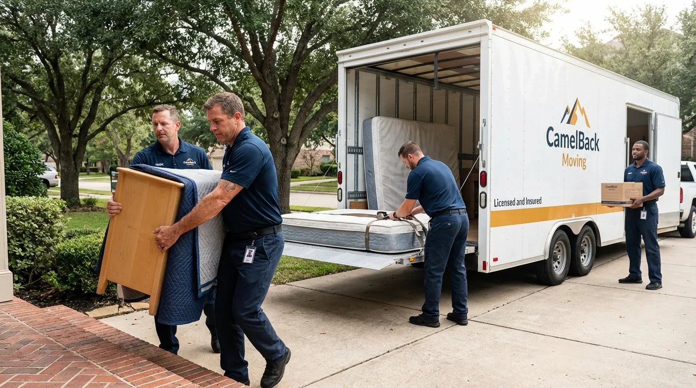 Crew loading residential truck for cross-state move from Edinburgh, IN