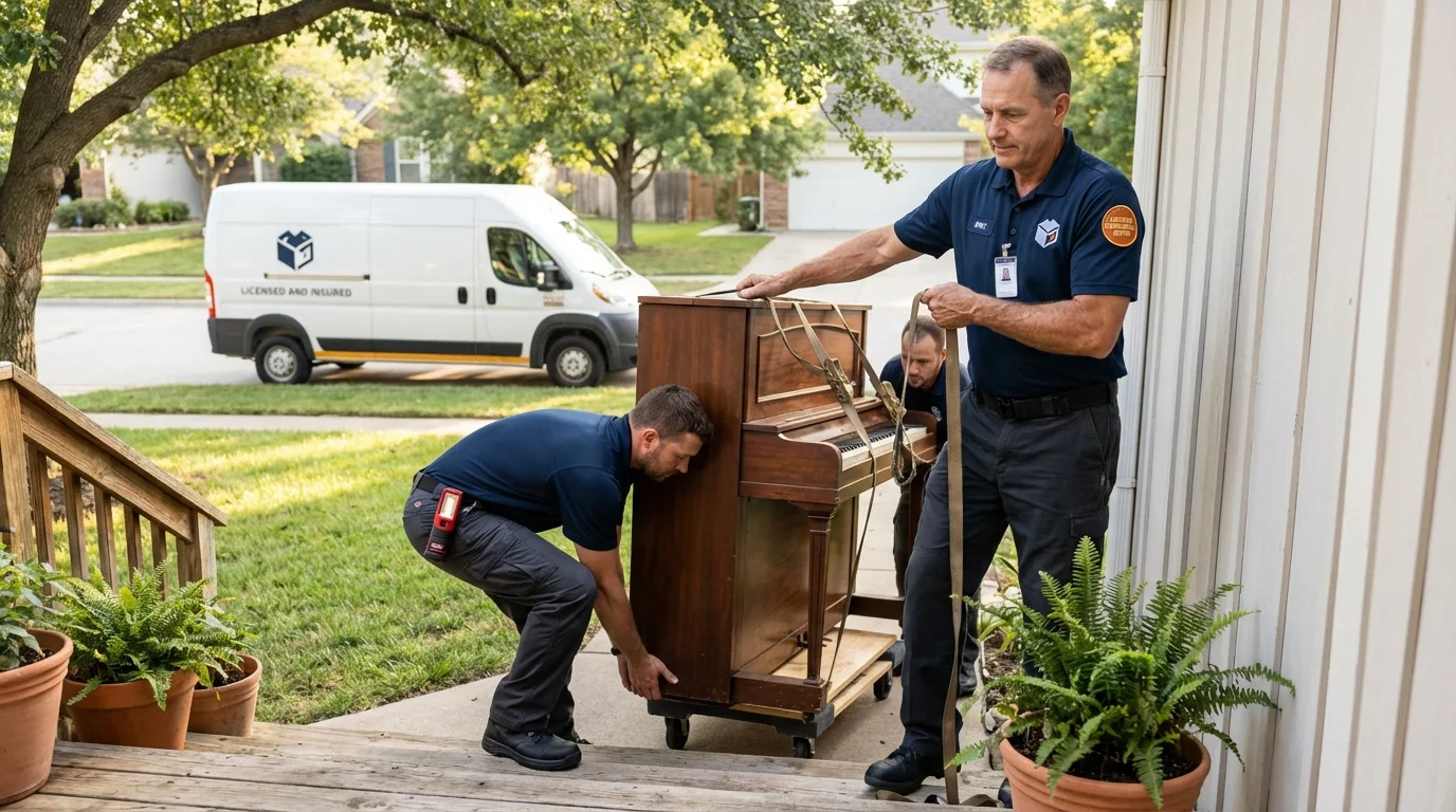 Licensed piano movers securing grand piano in Edinburgh, IN